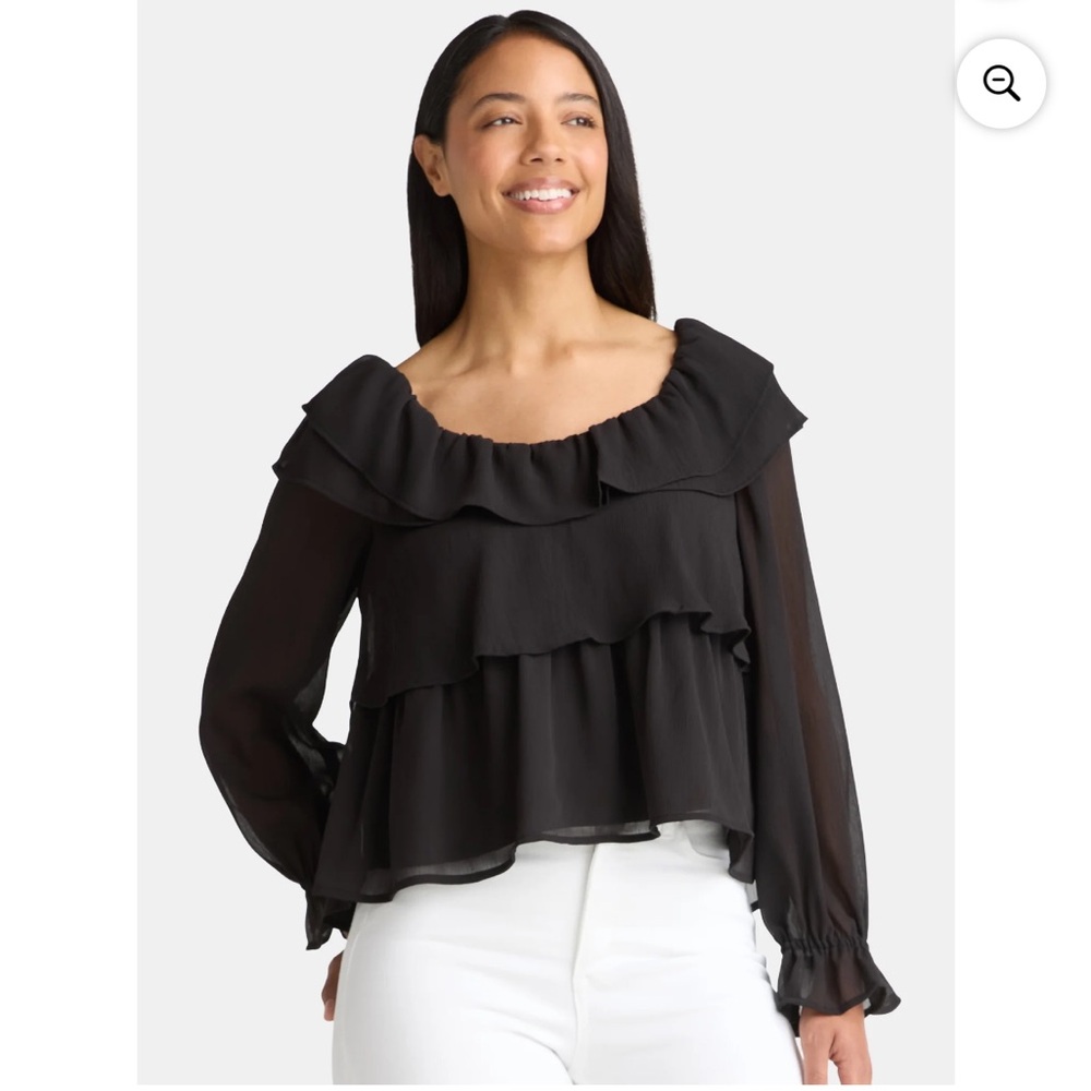 NEW! Time and Tru Black Long Sleeve off-the-shoulder Ruffle Blouse Top NWT - XL - Picture 7 of 16